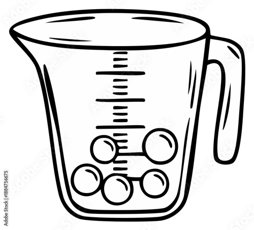 Measuring cup illustration with liquid spheres inside, cooking or chemistry concept