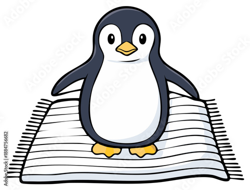 Cute cartoon penguin standing on a striped mat