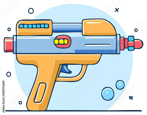 Fun cartoon water pistol toy shooting water droplets in a playful design