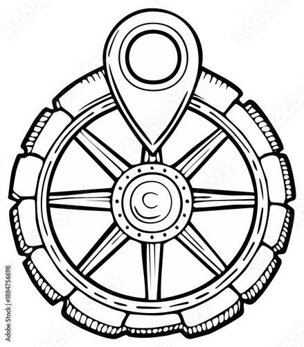 Line Art Map Pin Icon Placed on a Tire Wheel - Travel Navigation Symbol