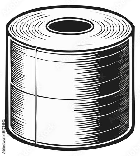 Black and white illustration of toilet paper roll, artistic design.