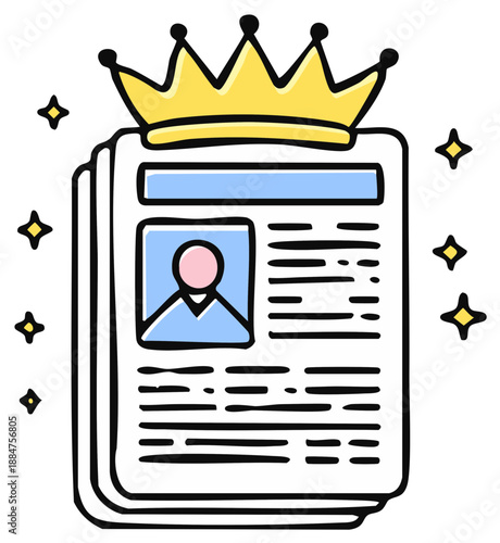 Illustrated resume with a crown symbol and sparkling stars, representing professional achievement and success