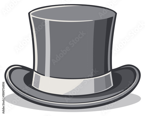 Classic Tall Black Top Hat With Gray Band And Shadow Isolated