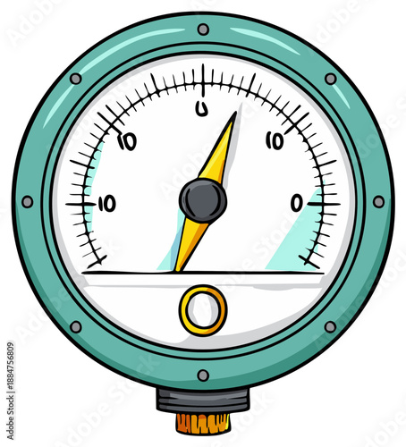 Close-up of a stylized gauge with a yellow needle and a graduated dial measuring pressure, flow, or vacuum in industrial setting.