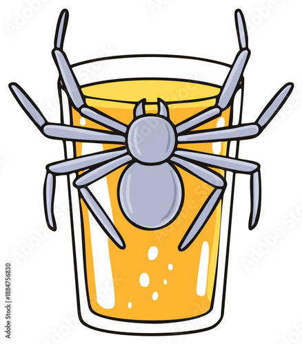 Large creepy cartoon spider crawling on a pint glass of cold bubbly beer illustration