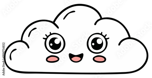 Cute White Cloud Smiling With Big Eyes and Lashes, Isolated Clipart Drawing Style, Weather Cartoon