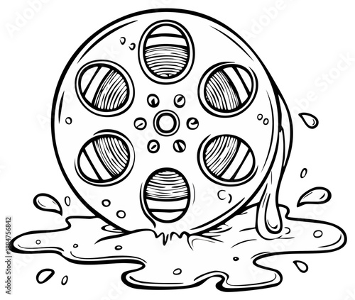 Vintage film reel dissolving into liquid and splashing creatively