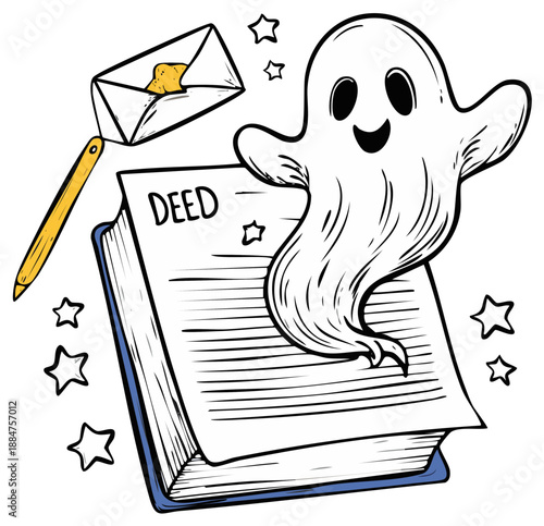 Ghost hovering over deed with letter vector illustration for Halloween or mystery themes