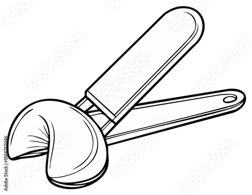 Fortune cookie cracked open with cookie tool in outline art style for food and fate themes