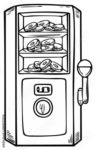Illustration of a vintage coin operated vending machine filled with round tokens and a lever