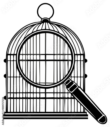 Magnifying Glass Examines Empty Birdcage Looking for Secrets or Freedom