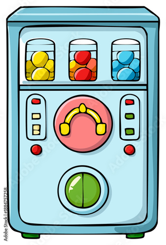 Cartoon gumball machine with three compartments of colorful candies