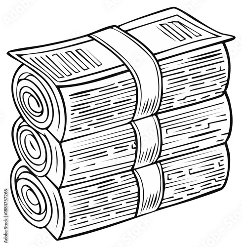 Three Rolled Newspaper Bundles Tied With Paper Bands Stacked Art