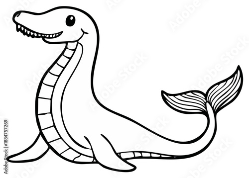 Cute cartoon plesiosaur sea monster with long neck and tail fin