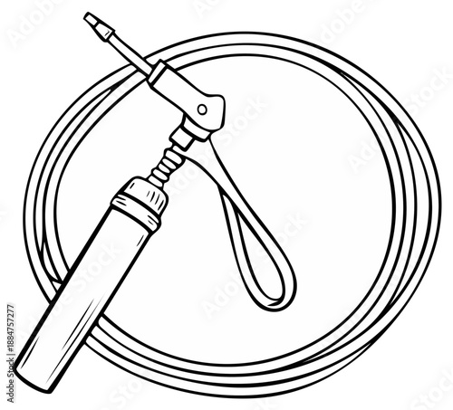 Black and white illustration of a jump rope with a handle in a circular position