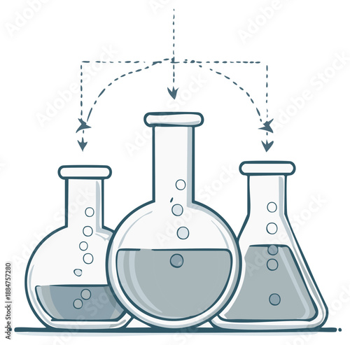 Laboratory flasks with liquid and bubbling effect illustrating a scientific process