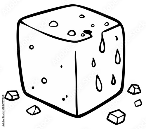 Doodle Style Ice Cube Melting with Water Droplets and Smaller Ice Pieces Nearby