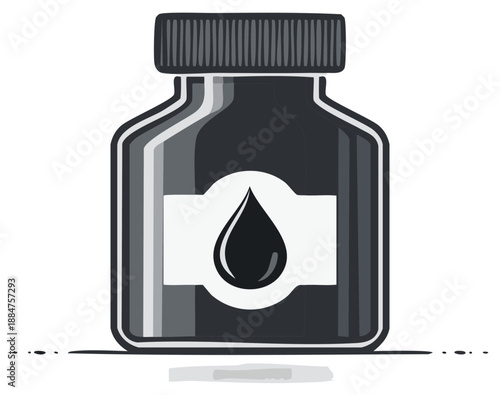 Ink bottle illustration with black ink and label, drawing or writing concept.