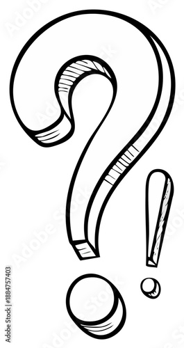 Drawn question mark with exclamation point symbolizing uncertainty, confusion, and searching for solution