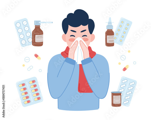 A flat vector illustration of a man with a runny nose using a tissue, surrounded by pills and medicine bottles. Demonstrating flu symptoms, cold treatment, medication use.