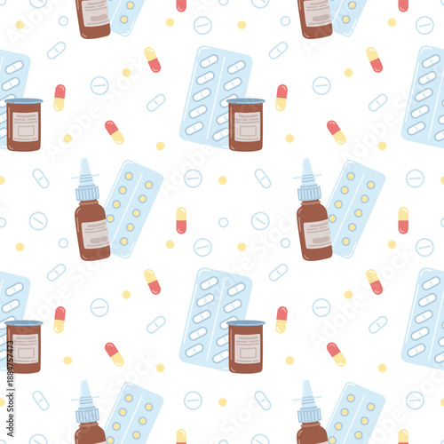 Seamless flat pattern with medicine bottles, blister packs, capsules, and tablets on a white background. Medical illustration for healthcare, pharmacy, medication, and pharmaceutical design use.