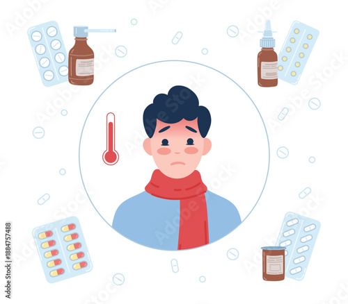 A flat vector illustration of a sick man with a high fever wearing a scarf, surrounded by pills, capsules, and medicine bottles. Concept illustrating flu symptoms, fever, treatment, and medical care.