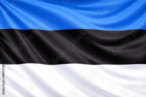 Waving Estonia National Flag in Horizontal Orientation with Blue Black White Stripes and Realistic Fabric Texture