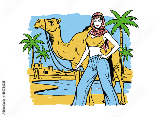 Stylish woman holding camel lead in desert oasis illustration. Retro pop art design for t shirt print, poster, sticker.