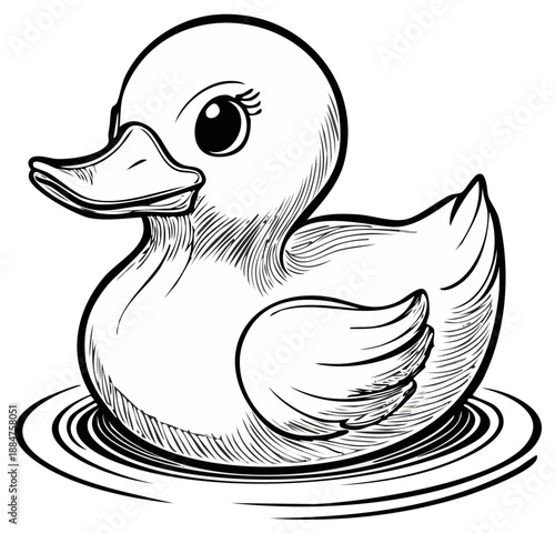 Rubber Duck Illustration, Outline of a Bath Toy with Cute Eyes and Waves, Isolated