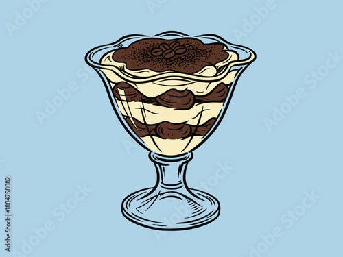Vintage Tiramisu dessert drawing. Layered sweet coffee pastry in glass cup. Hand drawn engraved vector style illustration for menu, sticker, or print.