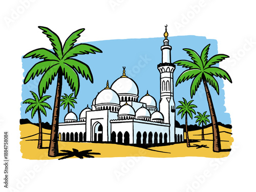 Cartoon illustration of Abu Dhabi Grand Mosque in the desert with palm trees. Travel icon doodle art.
