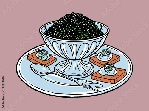Luxury black caviar served in a crystal bowl with toast and dill. Hand-drawn vintage illustration of gourmet seafood appetizer.