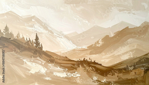 Beige acrylic painting of natural mountain landscape on canvas, visible brush strokes and texture
