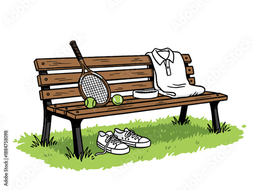 Hand-drawn cartoon illustration of tennis gear (racket, balls, polo shirt, sneakers) resting on a wooden park bench on grass.