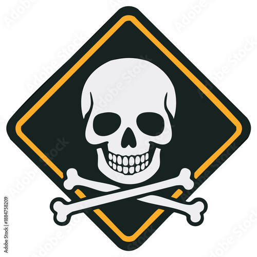 Warning Sign of Skull and Crossbones with Yellow Border Designates Danger, Death, Harm, Mortality and Hazard