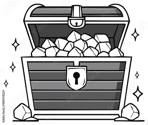Open Treasure Chest Filled with Shiny Gems and Jewels Cartoon Illustration