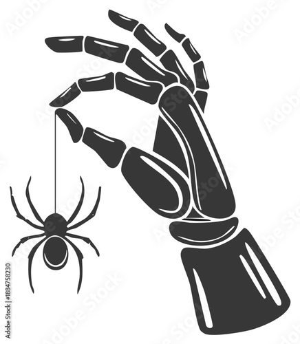 Skeleton hand holding a black spider by a thread, Halloween graphic element