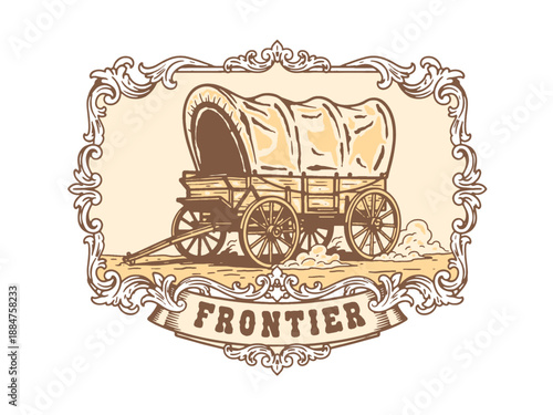 Old West Covered Wagon Vector Design in Ornate Frame. Vintage Frontier illustration for t-shirt print, sticker, poster, badge.