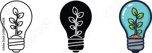 Eco-friendly innovation: a plant growing inside a light bulb symbolizing green energy isolated on white background, Vector