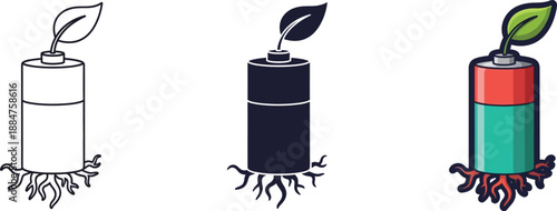 Eco-friendly battery concept with plant growth representing sustainable energy storage isolated on white background, Vector