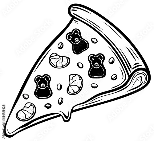 Black and white illustration of pizza slice with gummy bears and jelly beans as toppings