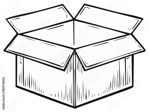 Open cardboard box illustration in black and white