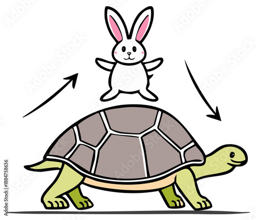 Cartoon rabbit standing on a turtle showing speed contrast and competition