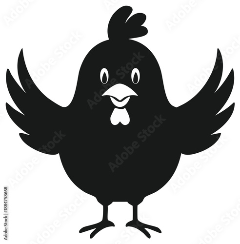 Charming black silhouette of a cheerful cartoon chicken with spread wings and open beak