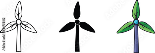 Sustainable energy wind turbine icon set featuring leaf-like blades in various styles isolated on white background, Vector