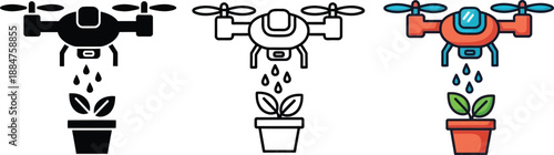 Agricultural drone watering a potted plant, illustrating smart farming technology isolated on white background, Vector