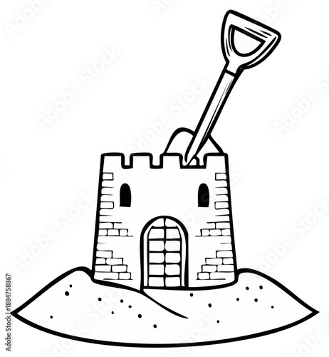Cartoon sandcastle with shovel on sand dunes line art illustration