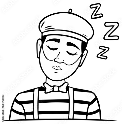 French Mime Artist Sleeping Peaceful Slumber Dressed in Striped Shirt and Beret