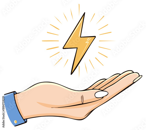 A cartoon hand holds a glowing lightning bolt symbol of electricity and power