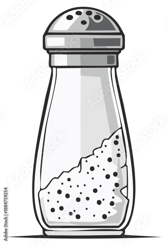 Glass salt shaker with metal lid filled with coarse salt crystals and granules